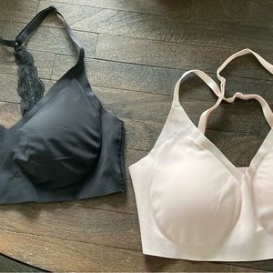 True&Co bralettes, black racer back w/lace and blush pink bralette